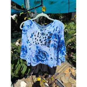 Jennifer Lopez Women's Blue Floral Print V Neck Top Poncho Blouse Size L